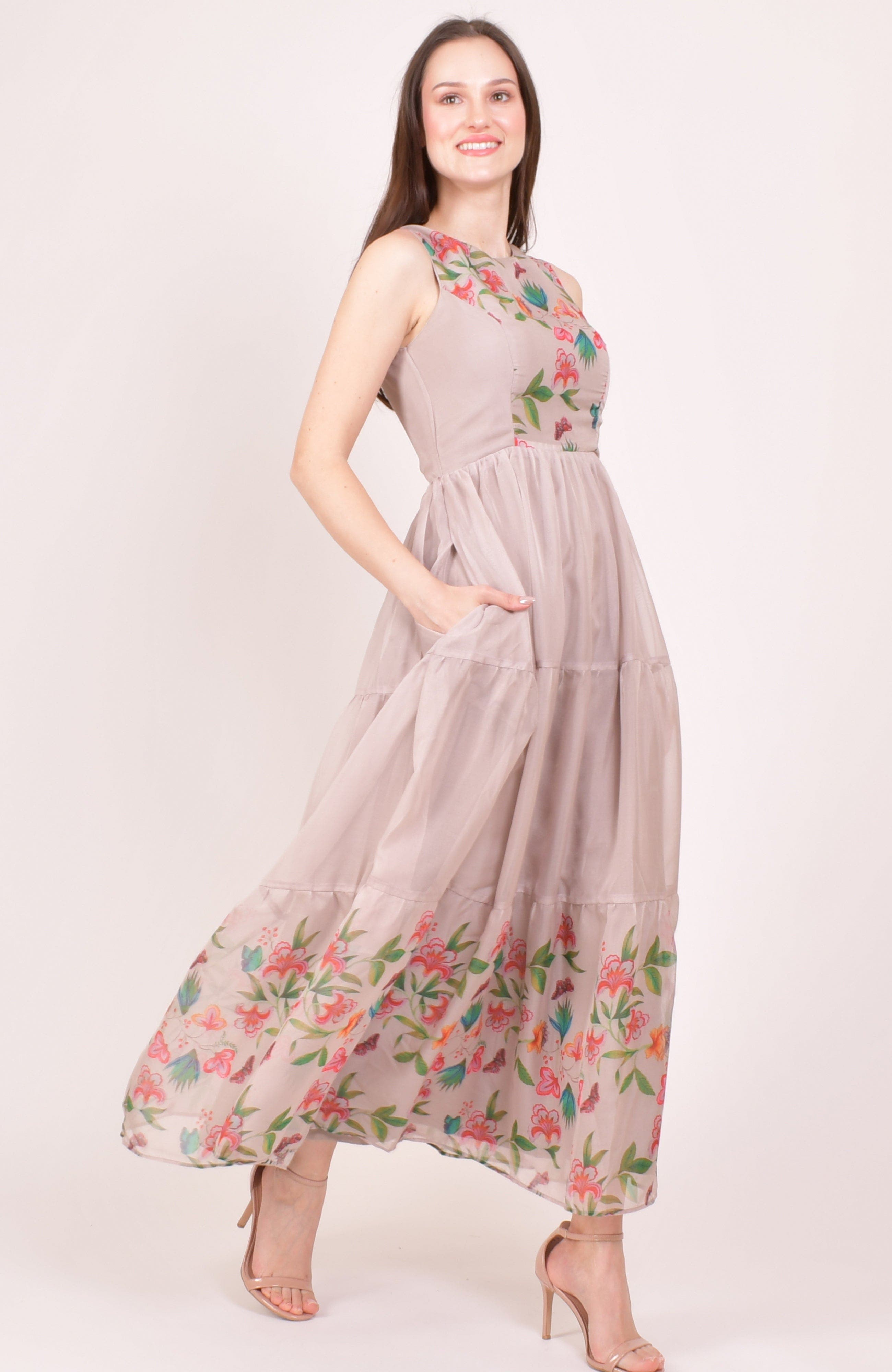 april floral organza ruffle tiered maxi dress Yellow Floral Printed Organza Tiered Maxi Dress