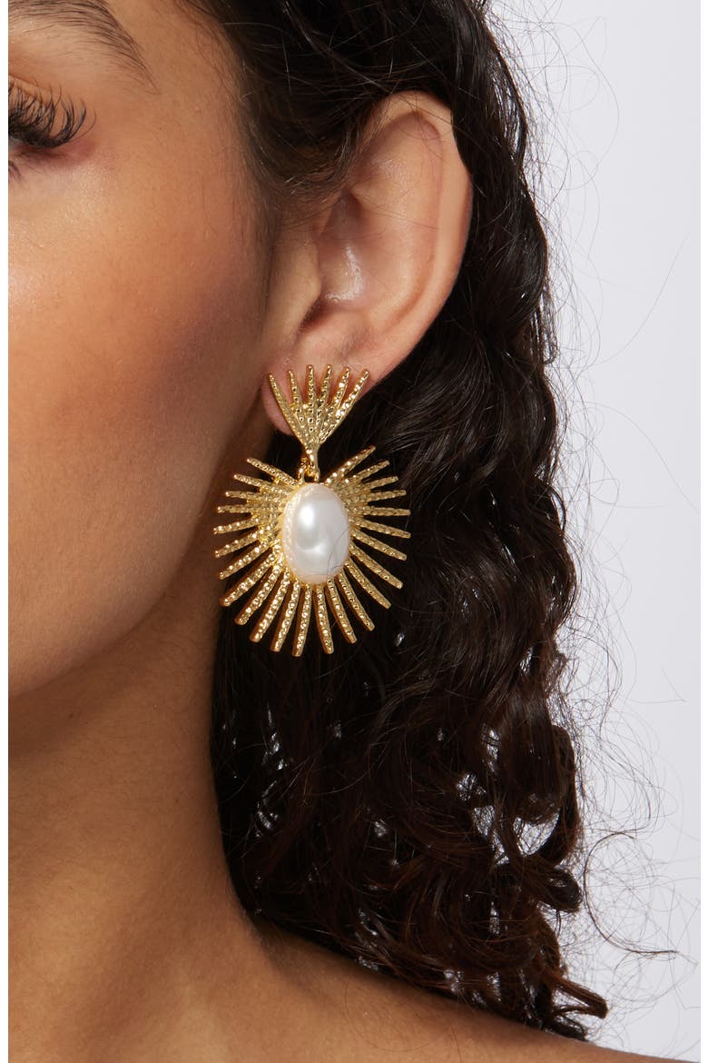 Faux Pearl Fan Earrings, Alternate, color, GOLD