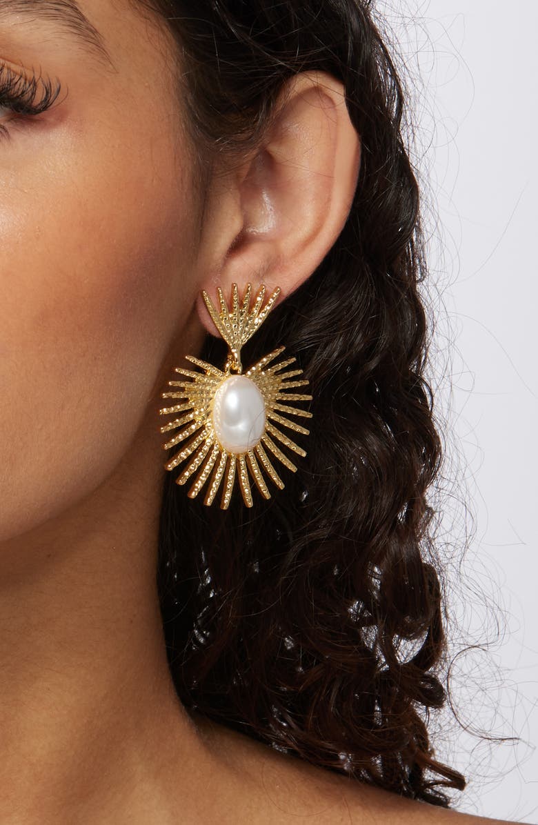 Kenneth Jay Lane Faux Pearl Fan Earrings, Alternate, color, Gold