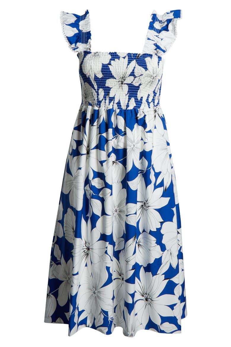 Smocked Ruffle Midi Dress, Alternate, color, PALACE BLUE MULTI