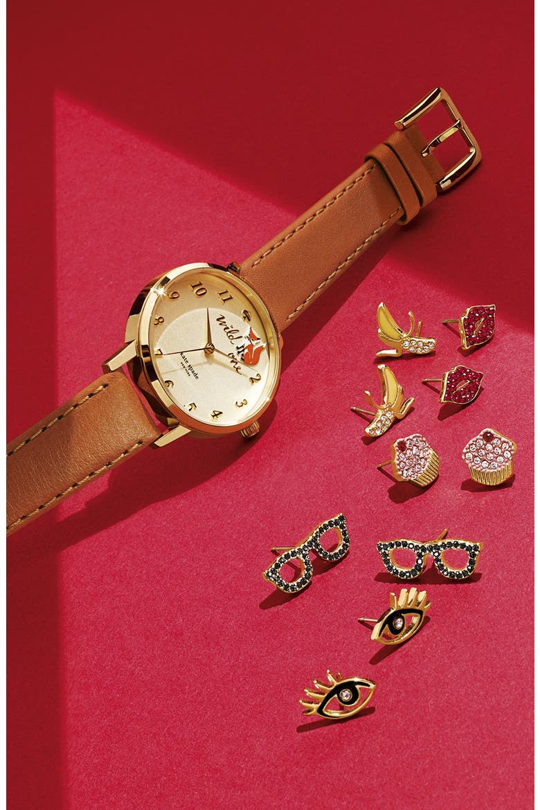 kate spade new york 'metro - wild one' leather strap watch, 34mm, Alternate, color, BROWN/ GOLD