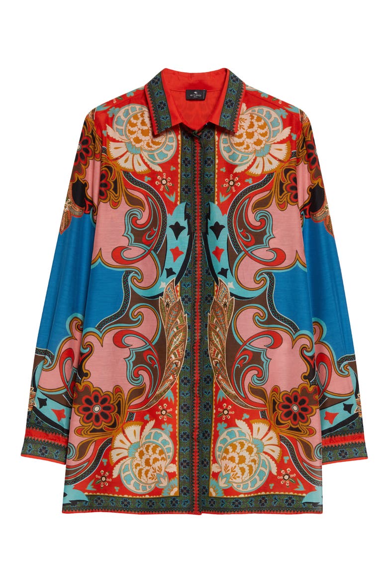 Print Cotton & Silk Tunic Button-Up Shirt, Alternate, color, PRINT ON BLUE BASE