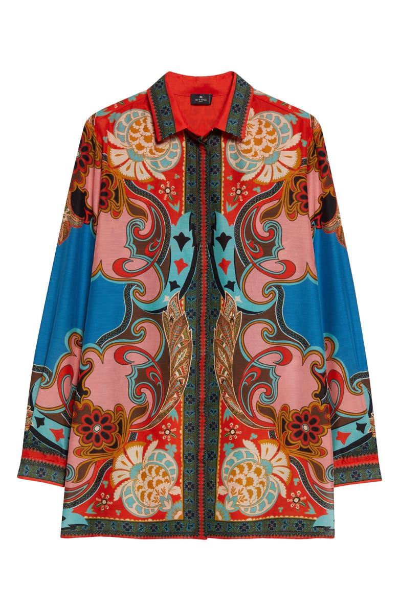 Etro Print Cotton & Silk Tunic Button-Up Shirt, Alternate, color, Print On Blue Base