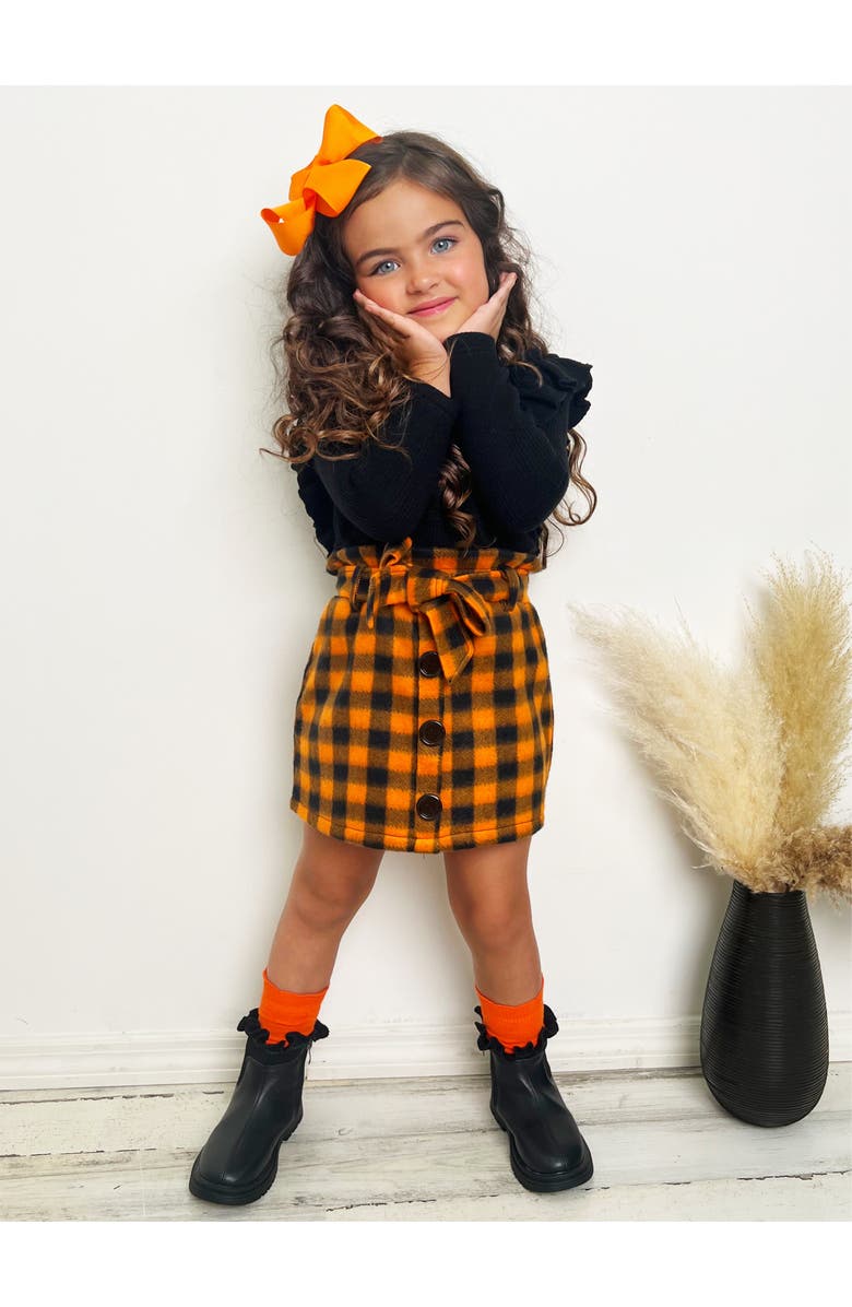 Mia Belle Girls Feels Like Fall Ruffled Top and Checkered Skirt Set, Alternate, color, Orange
