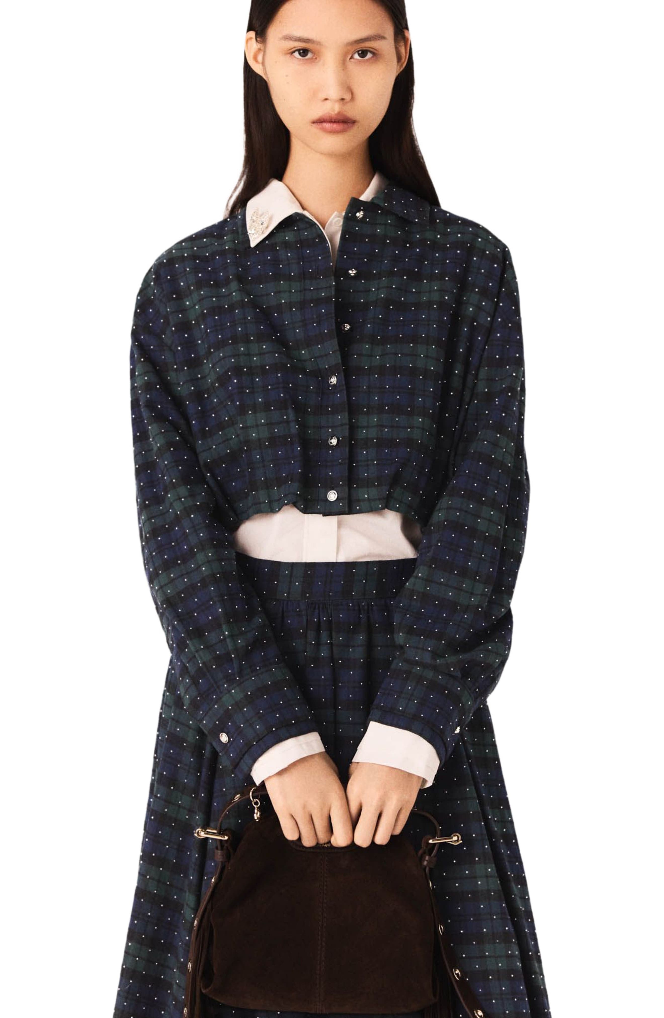 Maje Checked Rhinestone Cropped Shirt In Blue