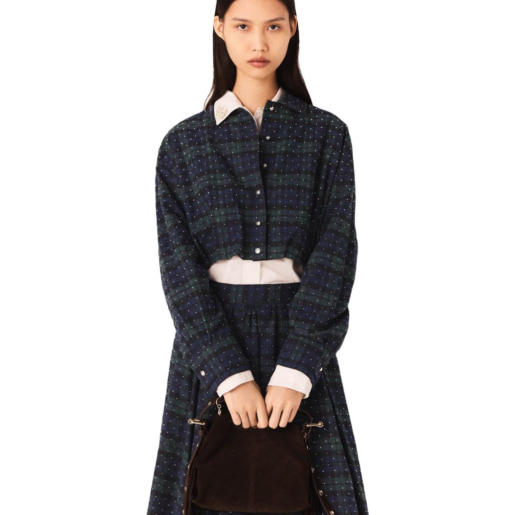 Maje Checked Rhinestone Cropped Shirt In Blue