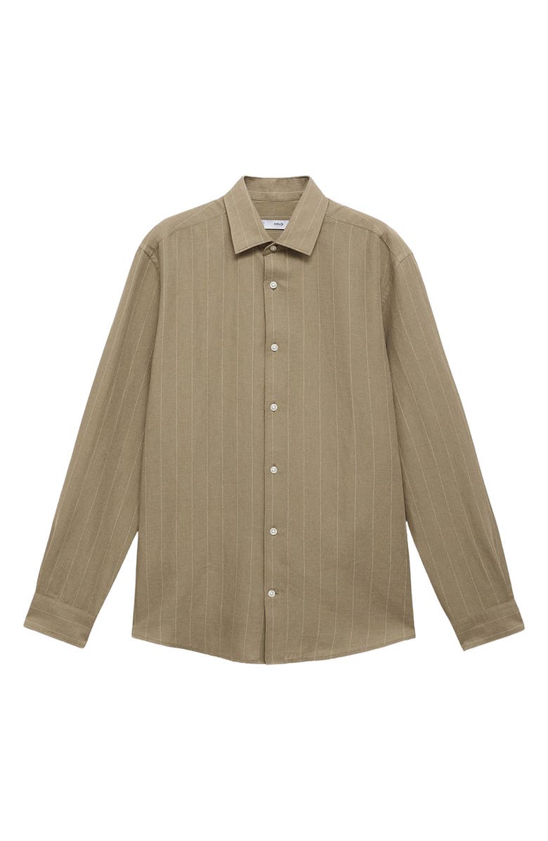 MANGO Regular Fit Stripe Linen & Cotton Button-Up Shirt, Alternate, color, Khaki