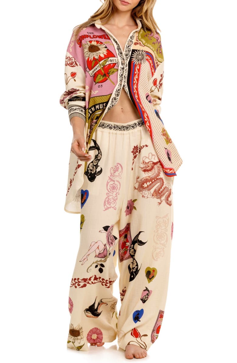 Agua Bendita Anastasia Matches Long Sleeve Cotton Cover-Up Shirt, Main, color, White Multi