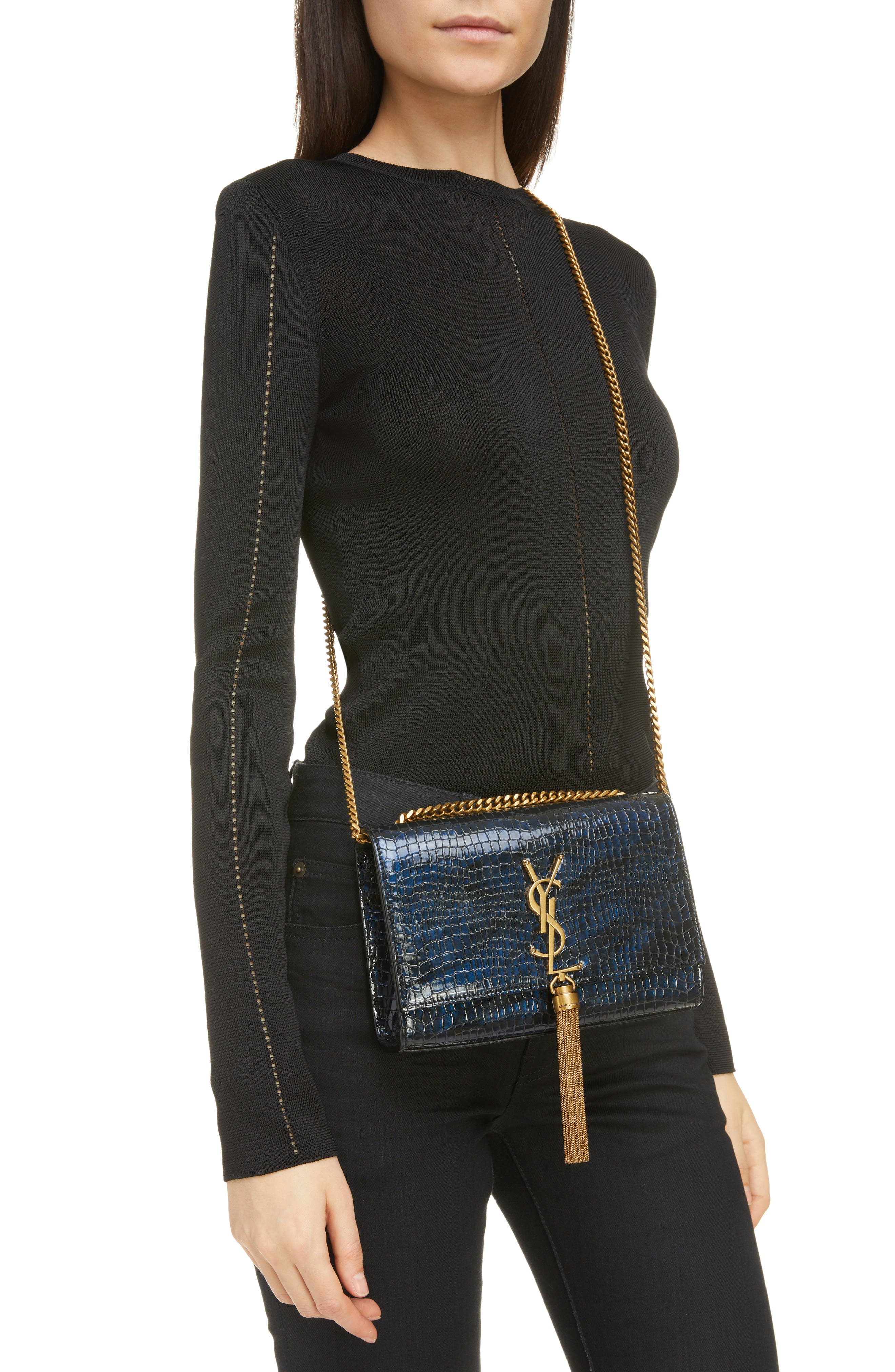 Saint Laurent Small Kate Shiny Croc Embossed Leather Shoulder Bag, Alternate, color, 