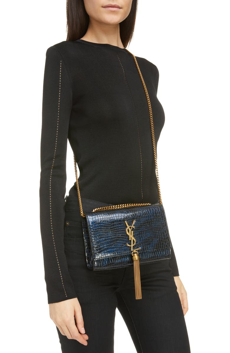 Saint Laurent Small Kate Shiny Croc Embossed Leather Shoulder Bag, Alternate, color,