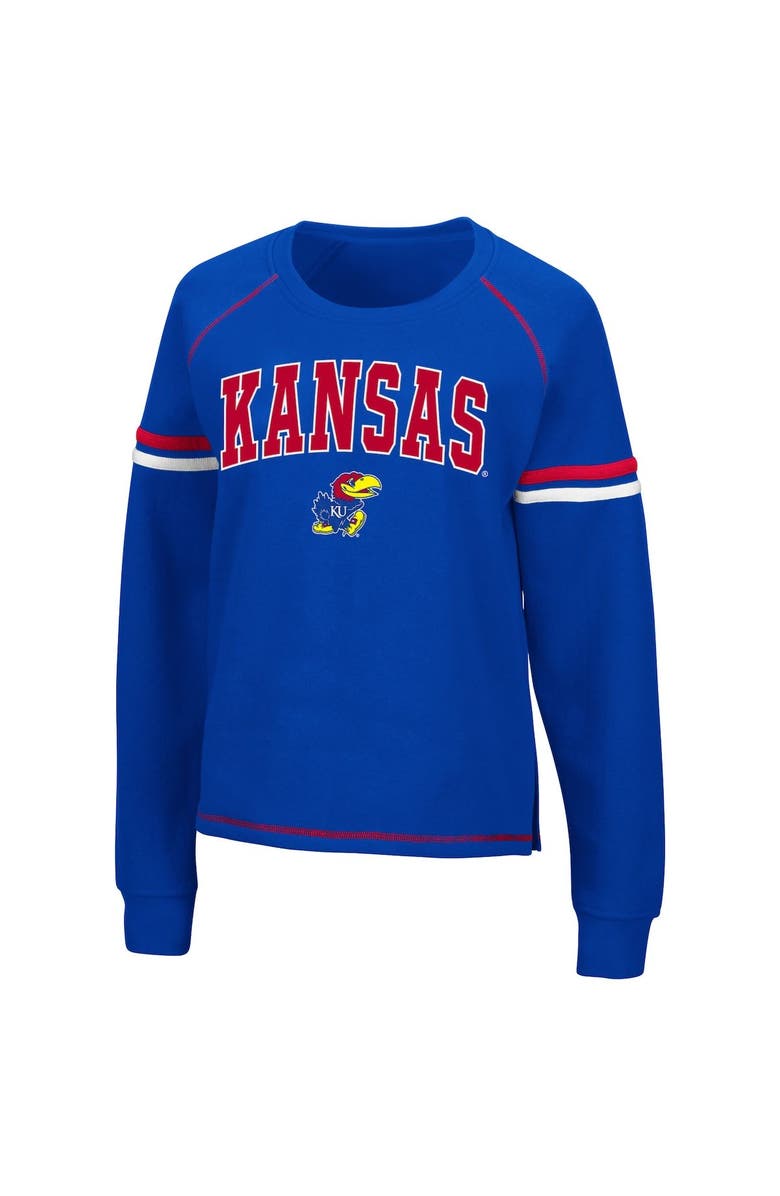 COLOSSEUM Women's Colosseum Royal Kansas Jayhawks Sweep Pass Sleeve Stripe Raglan Pullover Sweatshirt, Alternate, color,