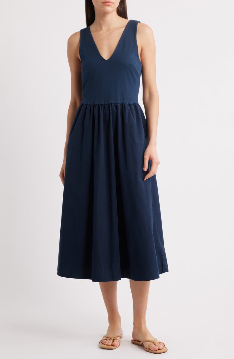 Nation LTD Daria Sleeveless Mixed Media Pima Cotton Midi Dress, Main, color, Night Sky