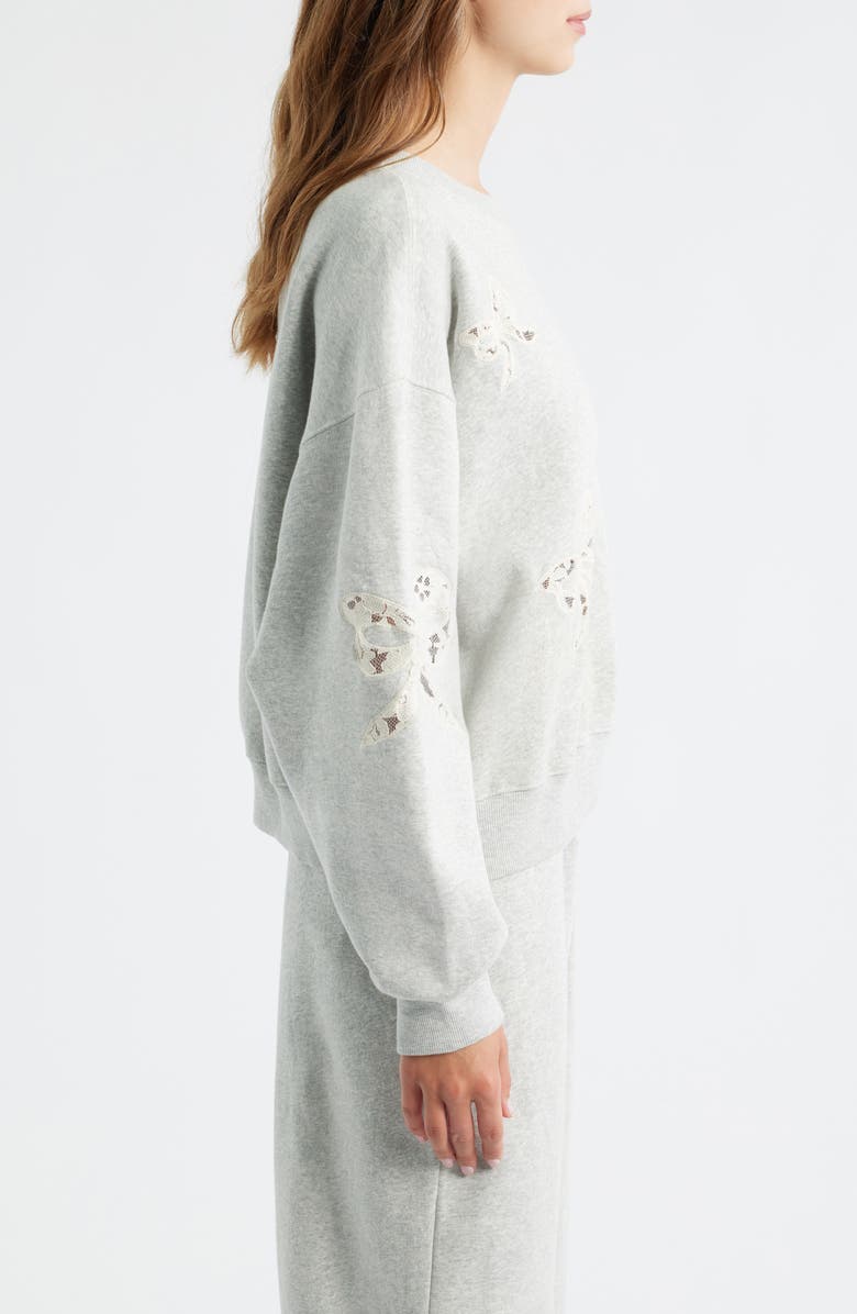 LoveShackFancy Linetta Lace Bow Inset Cotton Blend Sweatshirt, Alternate, color, Heather Grey