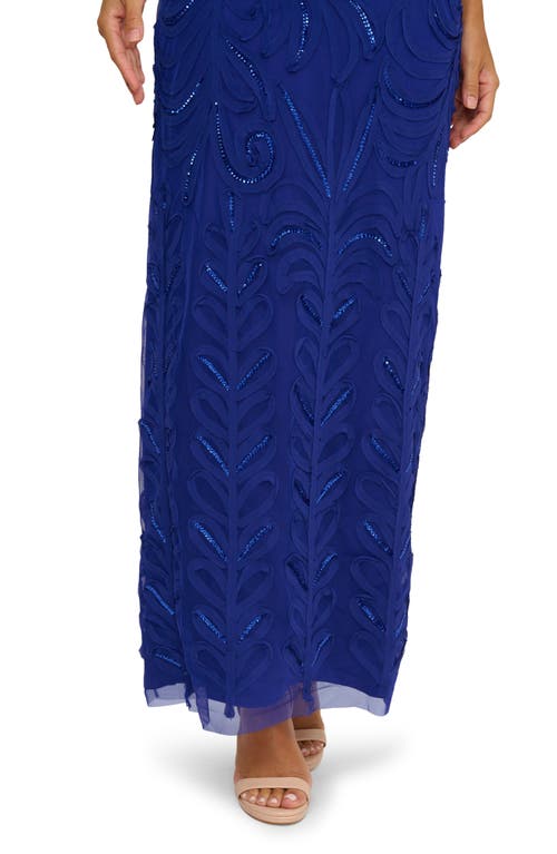 Adrianna Papell Short Sleeve Soutache Column Gown In Blue