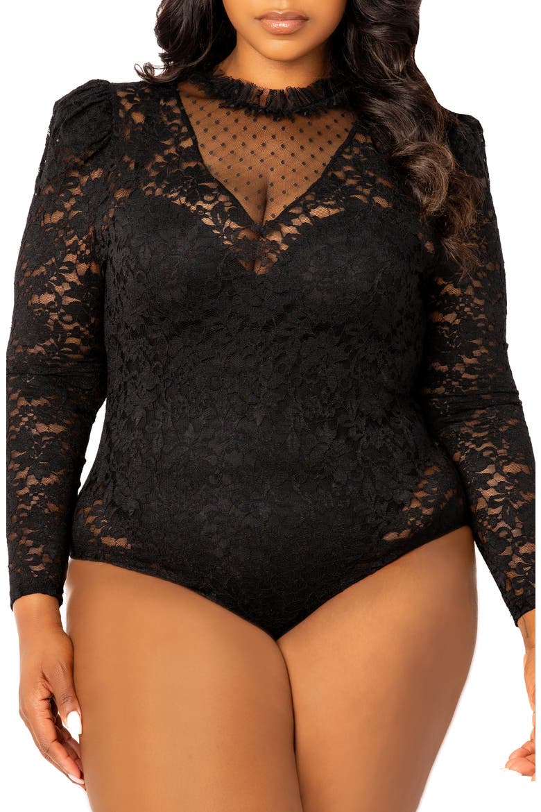 Sheer Stretch Lace Long Sleeve Bodysuit, Alternate, color, BLACK