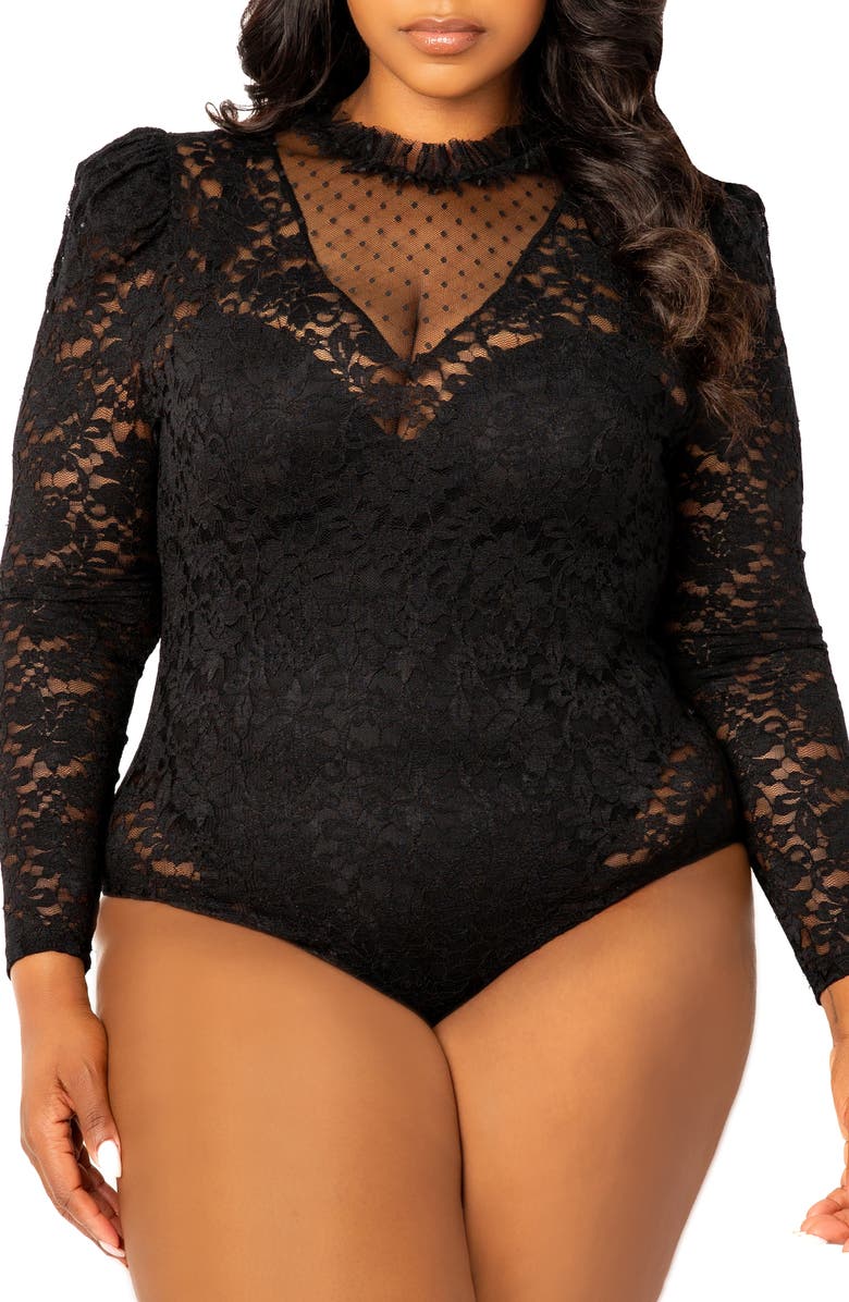 BUXOM COUTURE Sheer Stretch Lace Long Sleeve Bodysuit, Alternate, color, Black