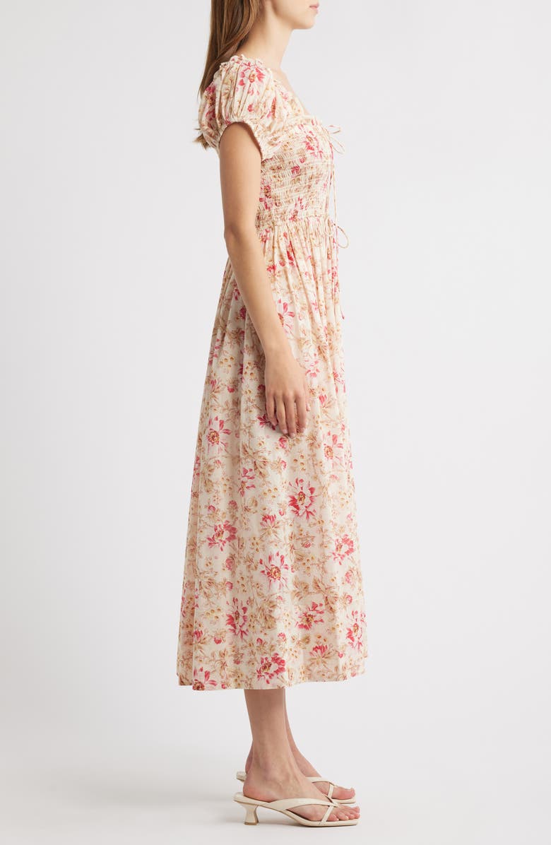 DÔEN Stanza Smocked Organic Cotton Midi Dress, Alternate, color, Fleurs De Provence