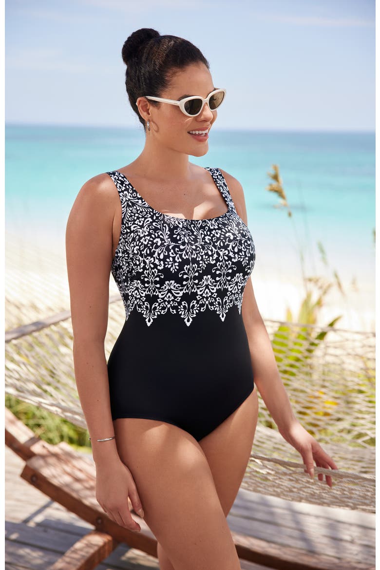 Double X-Back Tank Long Torso One-Piece Swimsuit, Alternate, color, Garland Edge