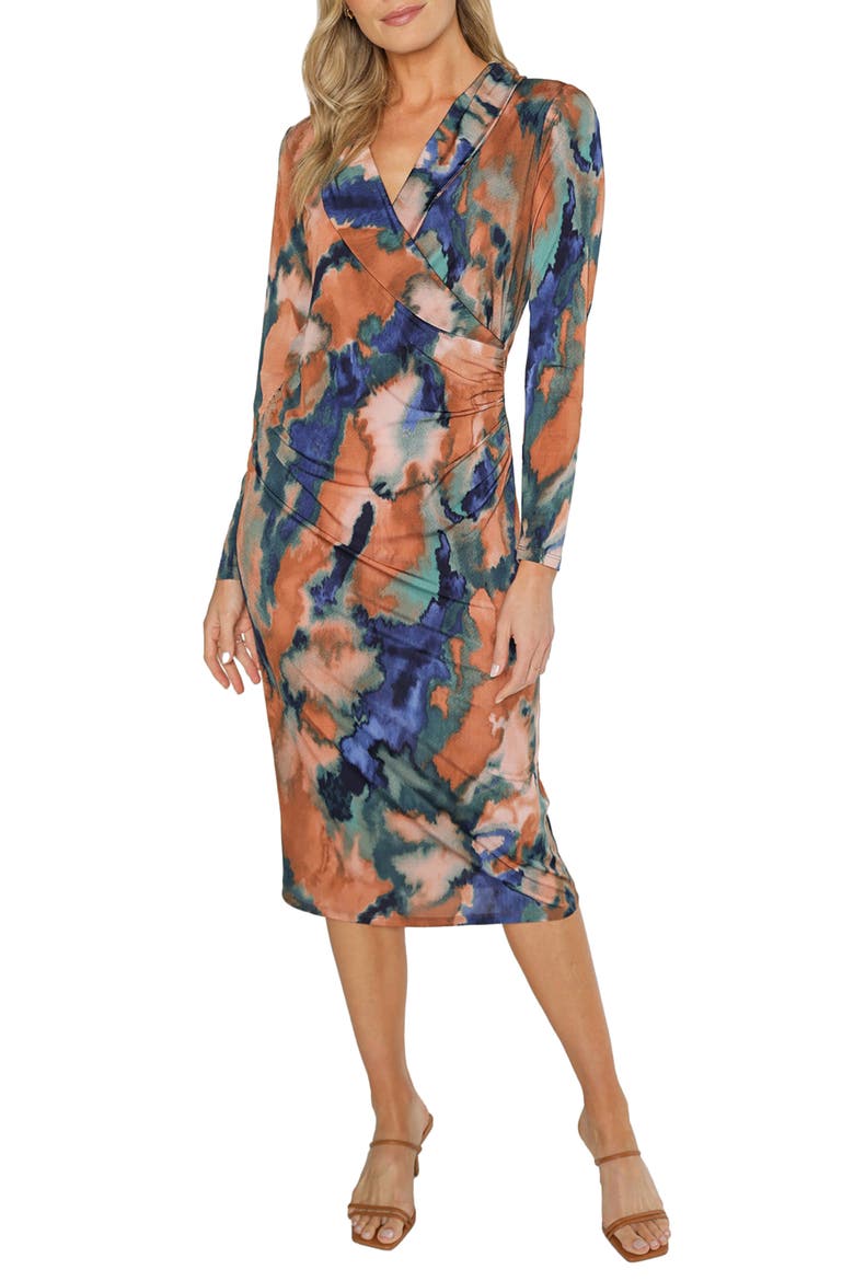 Leo Long Sleeve Faux Wrap Midi Dress, Main, color, RUST/ TEAL