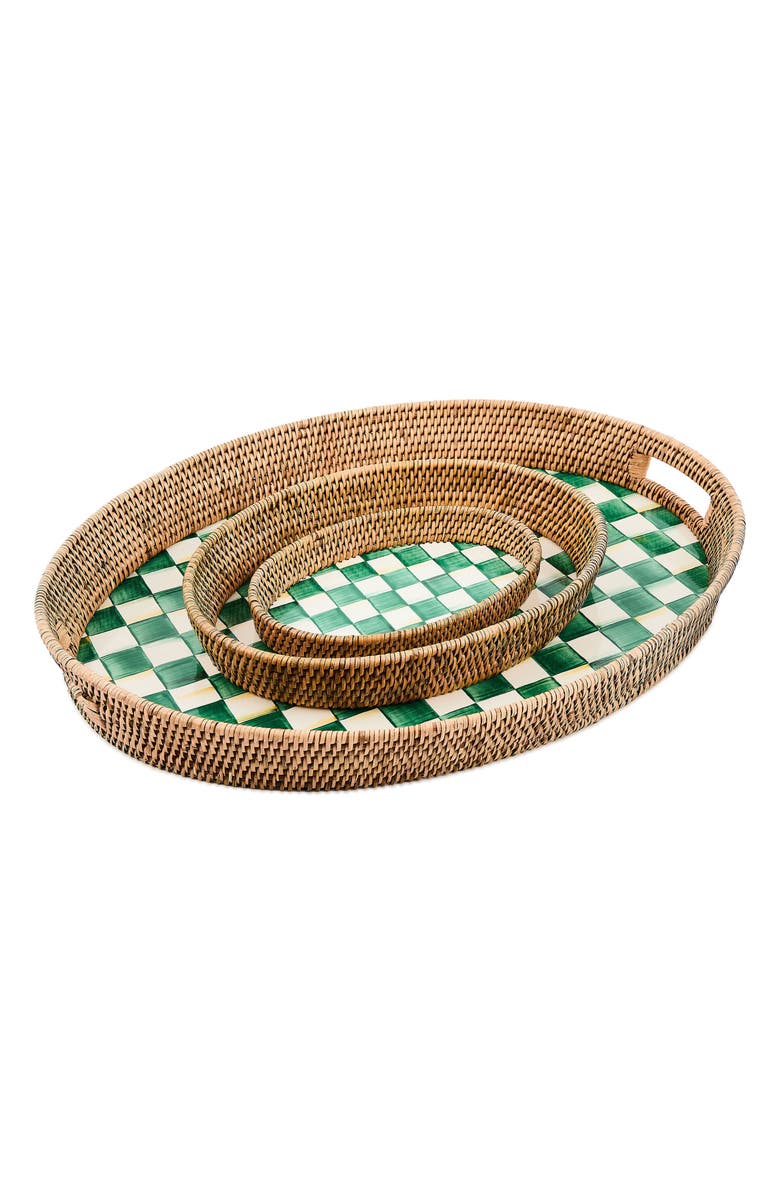 MACKENZIE CHILDS Small Emerald Check Enamel & Rattan Tray, Alternate, color, Emerald