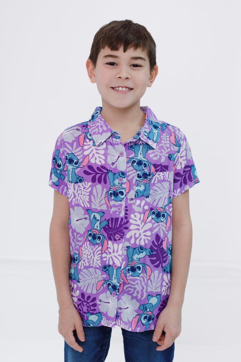 Short Sleeve Button Down Shirt, Alternate, color, Lilo & Stitch Purple
