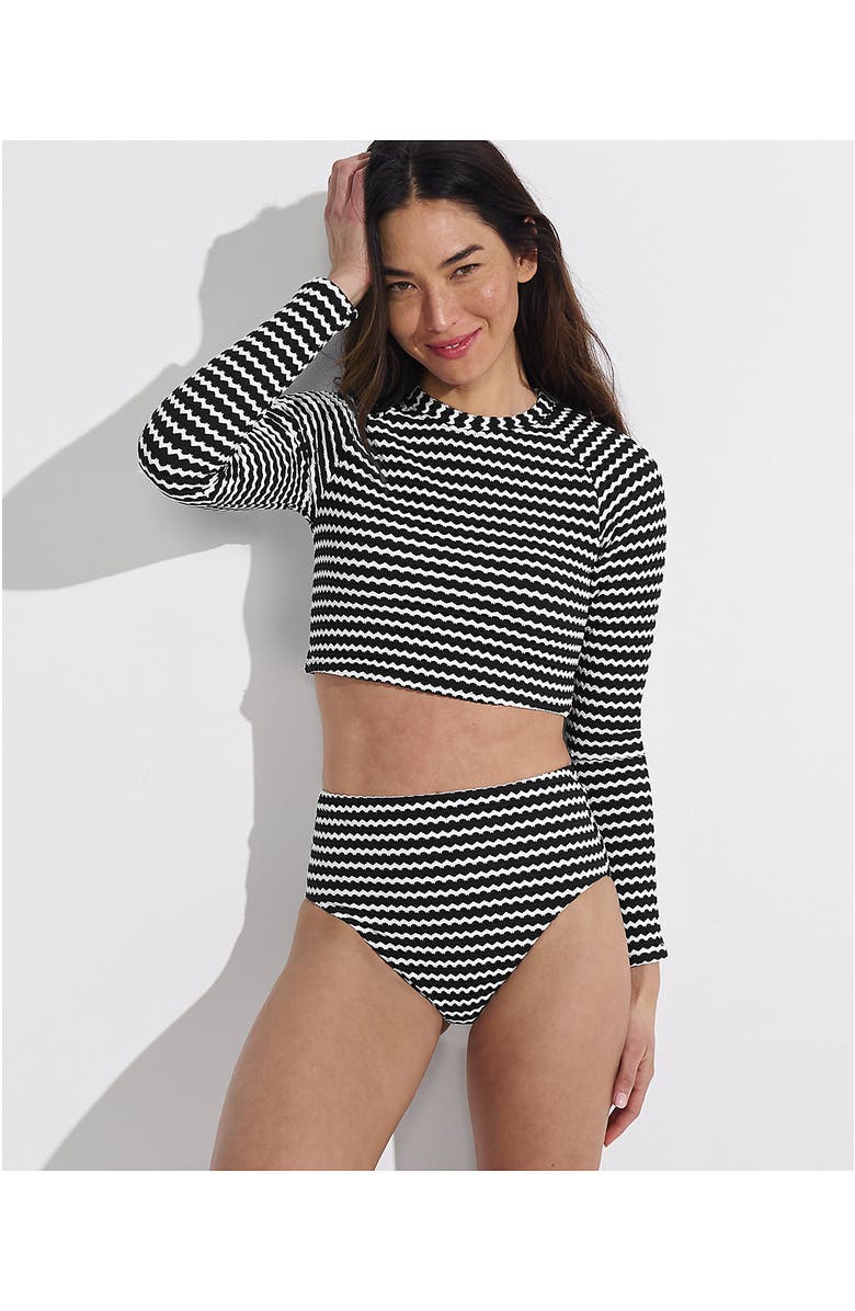 Lands' End Crochet Long Sleeve Bikini Top and High Waisted Bottoms Swimsuit Set, Alternate, color, Black/White