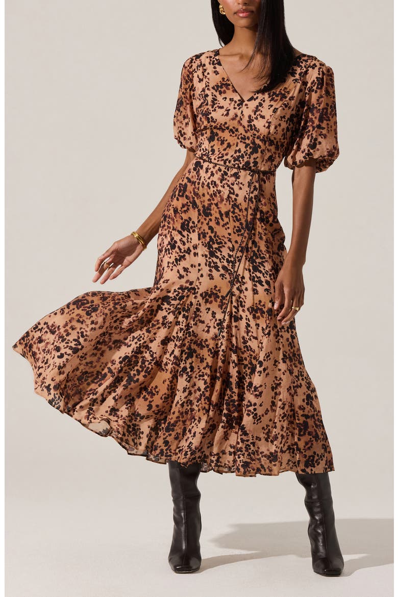 Lavena Leopard Puff Sleeve Midi Dress, Alternate, color, TAUPE LEOPARD PRINT