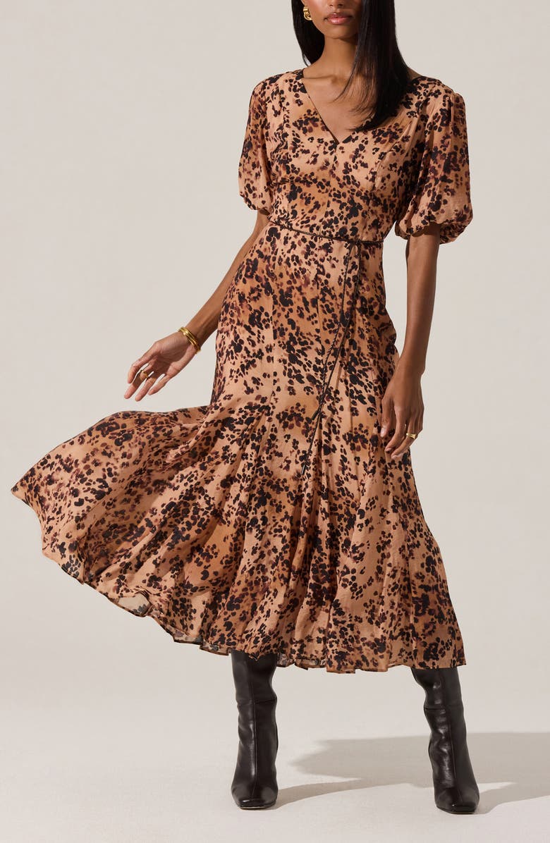 ASTR the Label Lavena Leopard Puff Sleeve Midi Dress, Alternate, color, Taupe Leopard Print