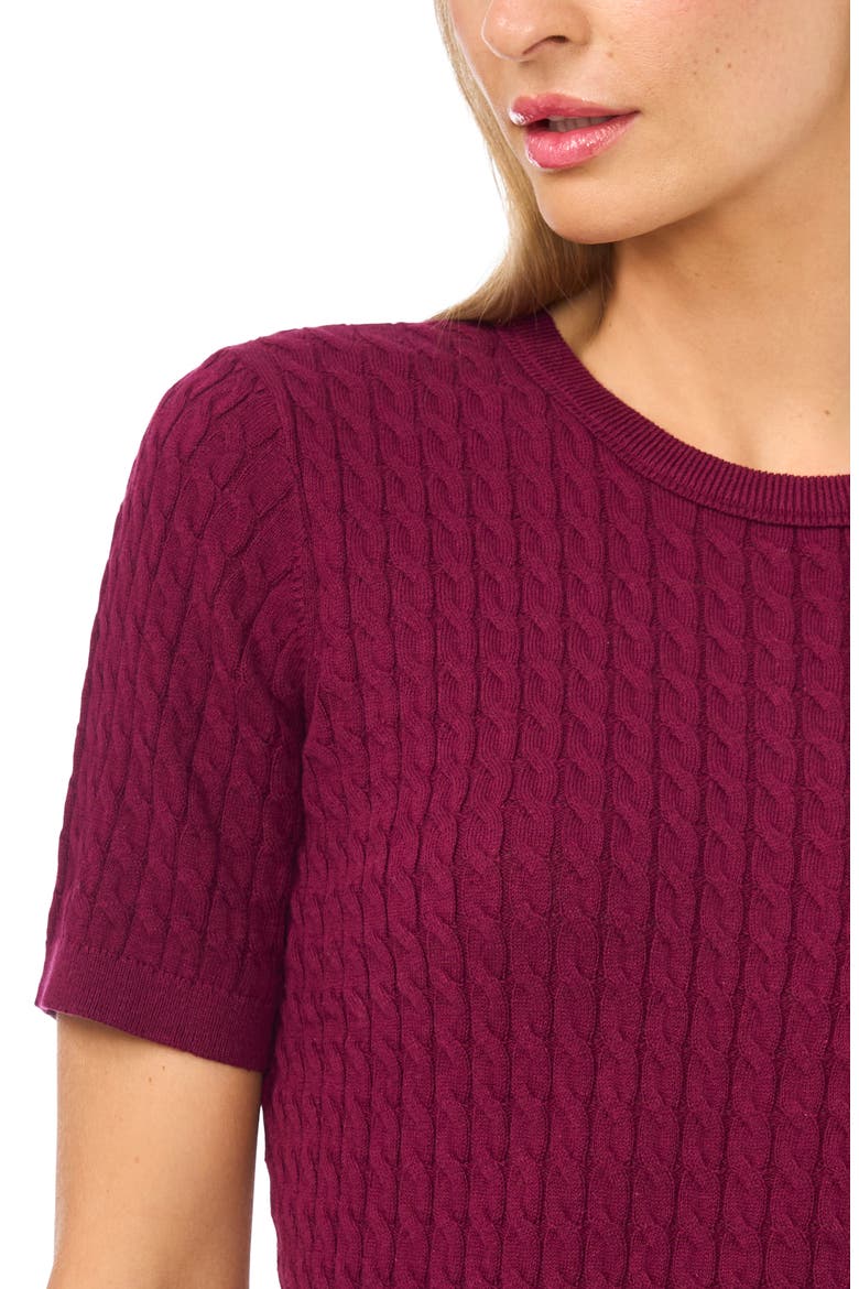 Cable Stitch Short Sleeve Crewneck Sweater, Alternate, color, PURE PLUM
