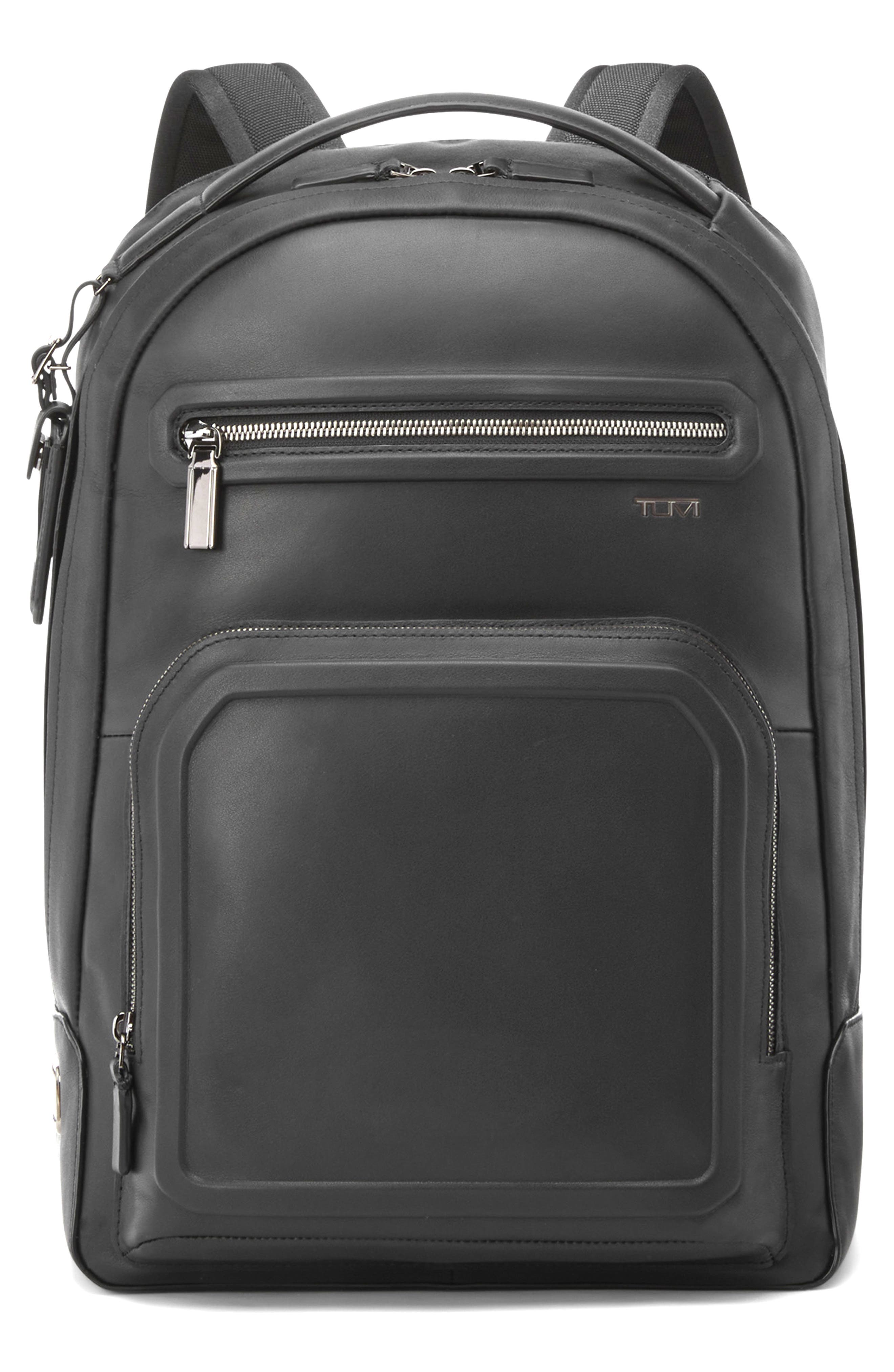 TUMI Warren Leather Backpack, Main, color, Black Bombe