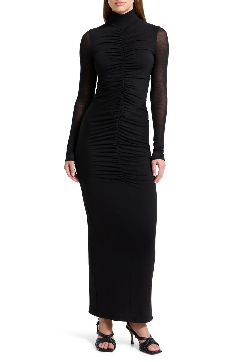 Athena Center Ruched Long Sleeve Dress, Main, color, BLACK