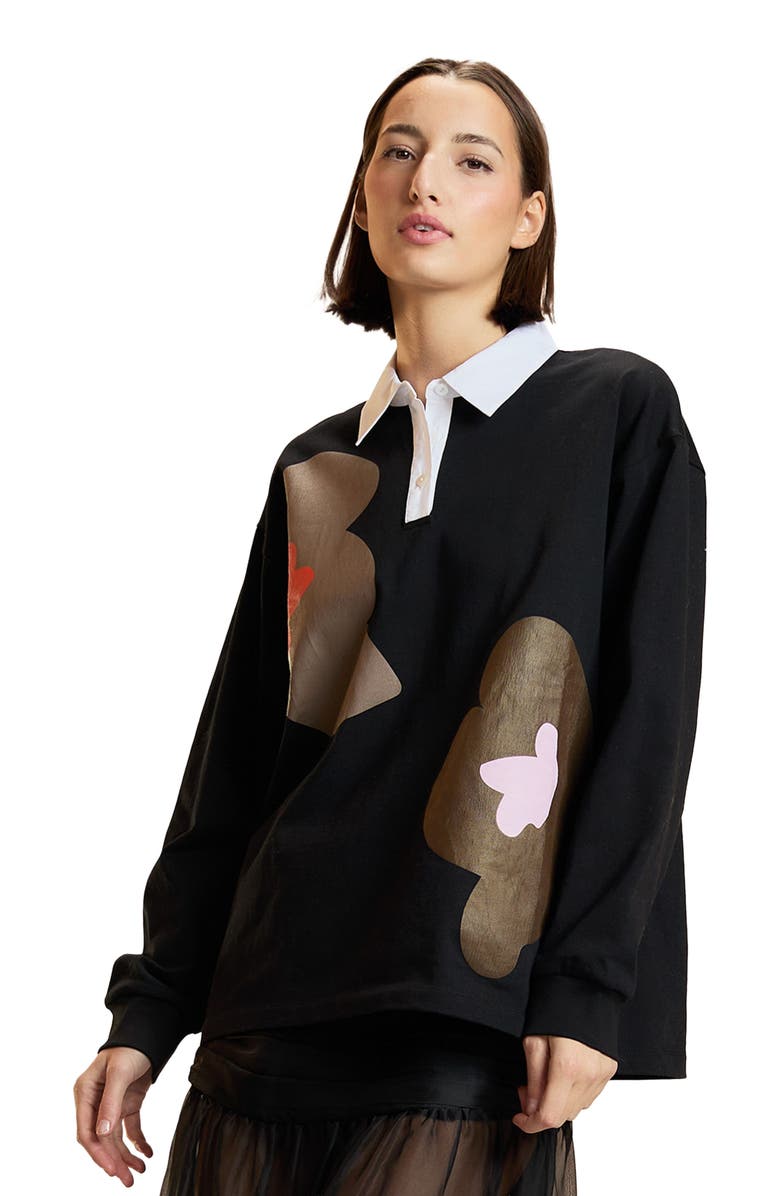 Cynthia Rowley Printed Cotton Rugby Shirt, Alternate, color, Black