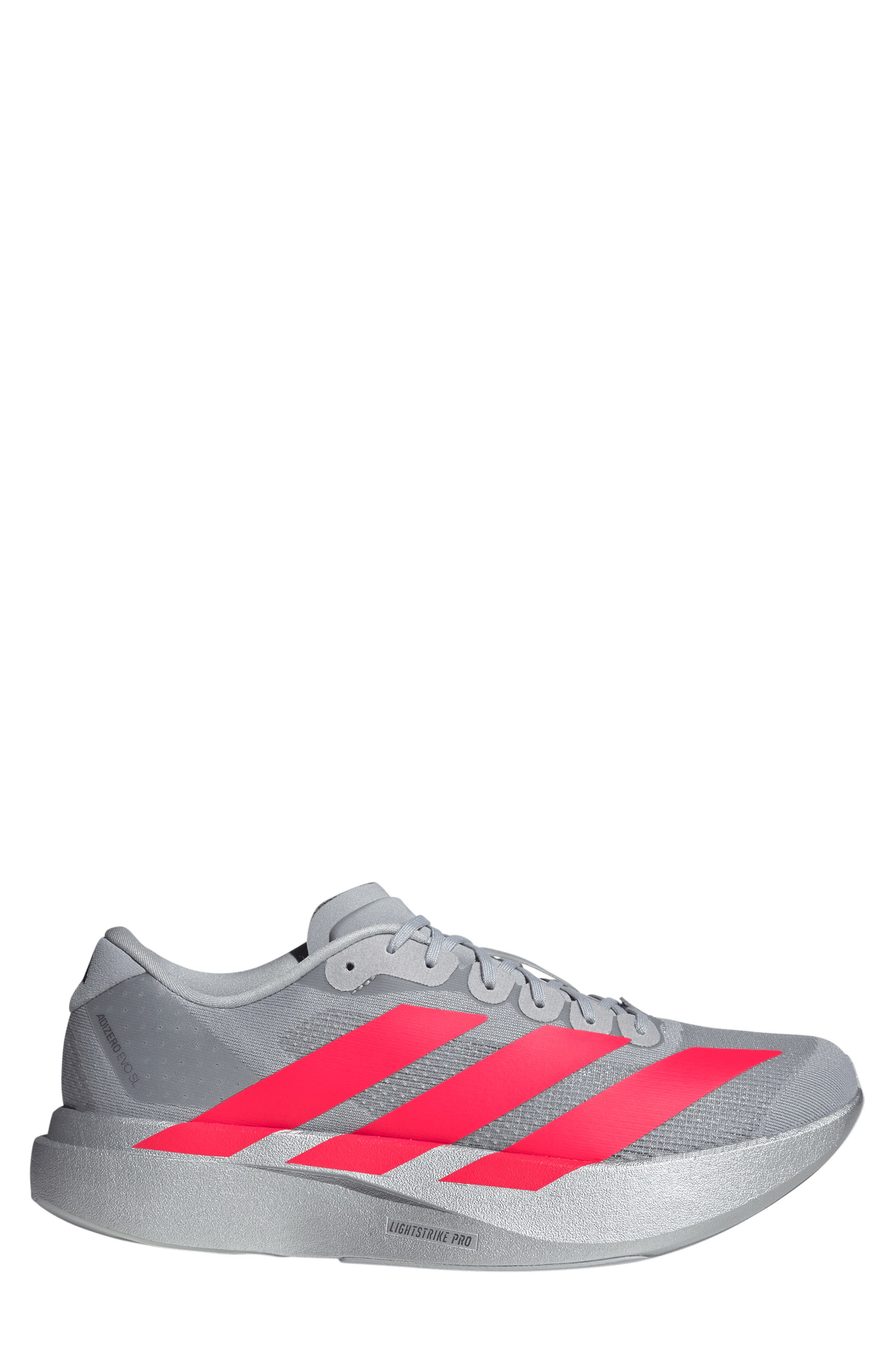 Adizero Evo SL Running Shoe, Alternate, color, SILVER METALLIC / RED / IRON