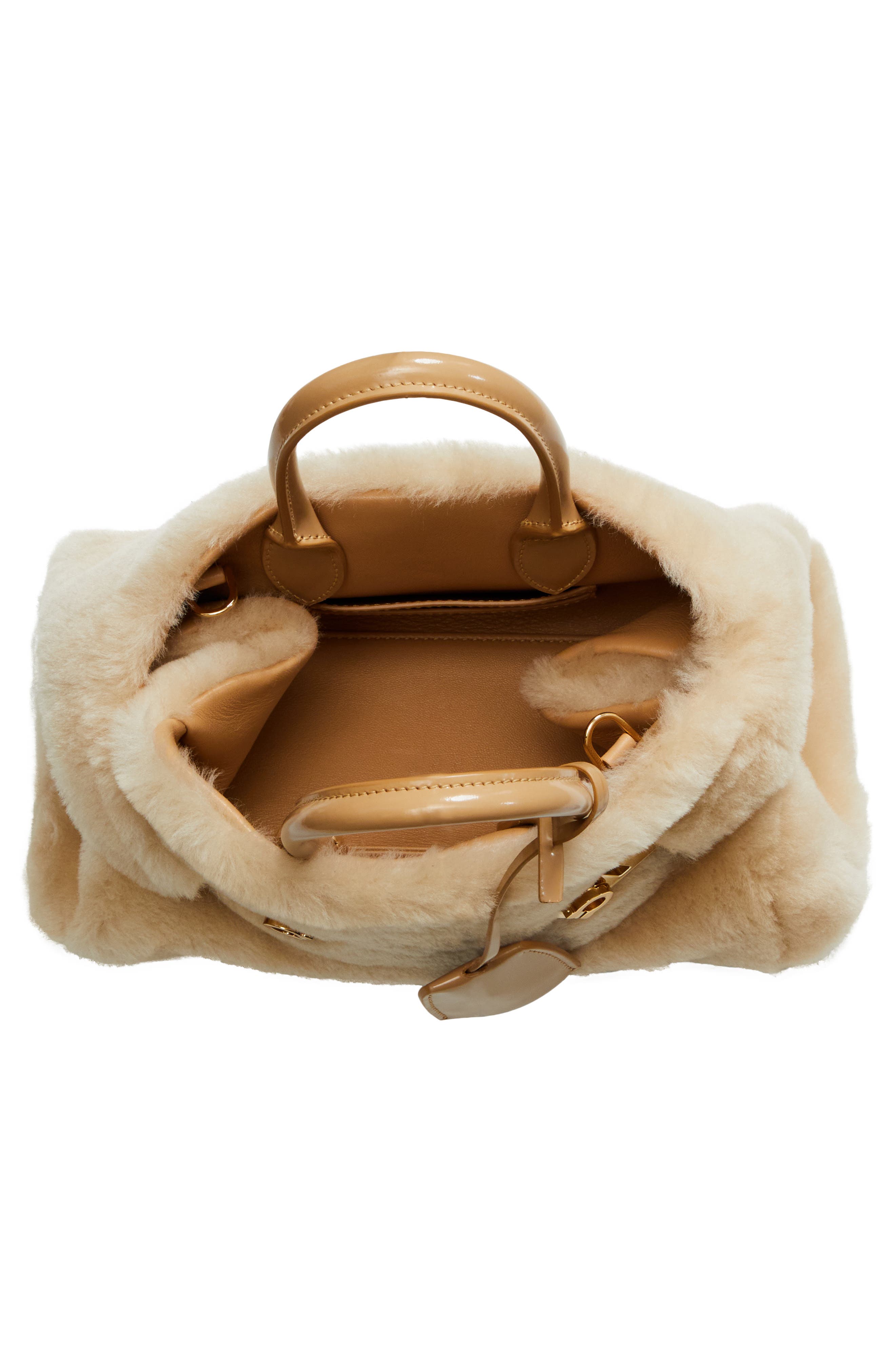 FERRAGAMO Mini Hug Genuine Shearling Top Handle Bag, Alternate, color, Naturale/ Camel