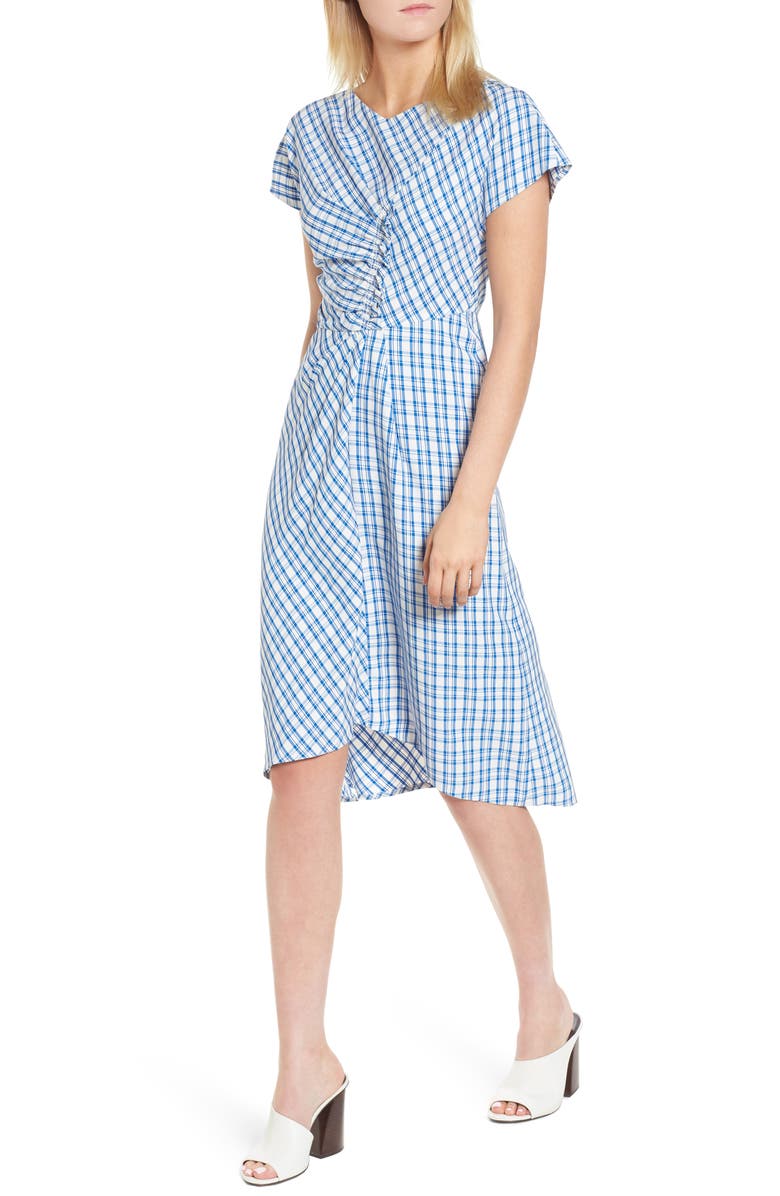 Lewit Ruched Check Midi Dress, Main, color, Blue Sodalite Kasie Check