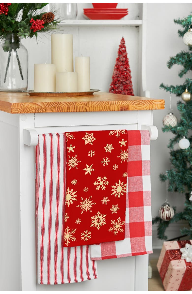 C&F Home Glistening Gold "Merry Christmas" Reindeer 100% Cotton Dishtowel Set of 3, Alternate, color, Red