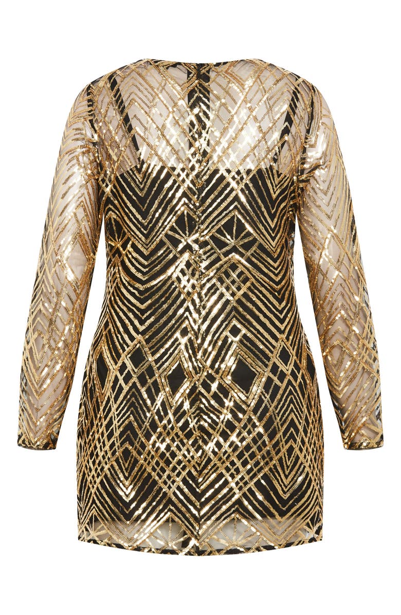 City Chic Braylin Long Sleeve Sequin Minidress, Alternate, color, Gold Geo