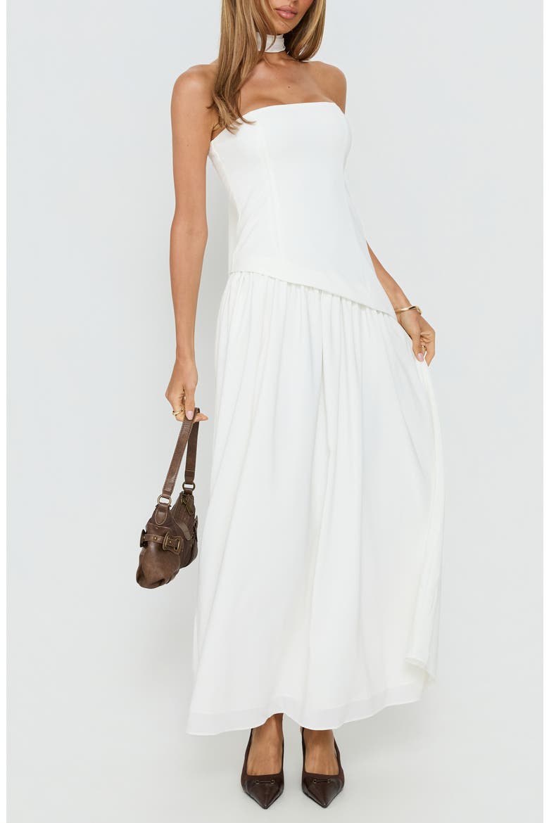 Odela Strapless Drop Waist Scarf Hem Dress, Main, color, WHITE