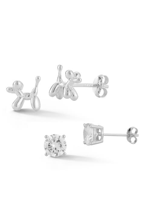 Set of 2 Balloon Dog & Cubic Zirconia Stud Earrings