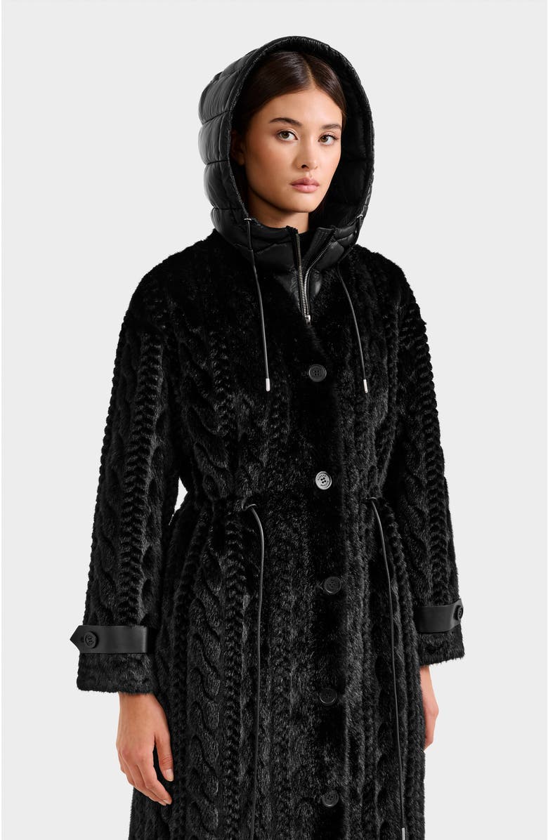 Rudsak Oriana Cable Pattern Faux Fur Coat with Removable Puffer Hood, Alternate, color, Black