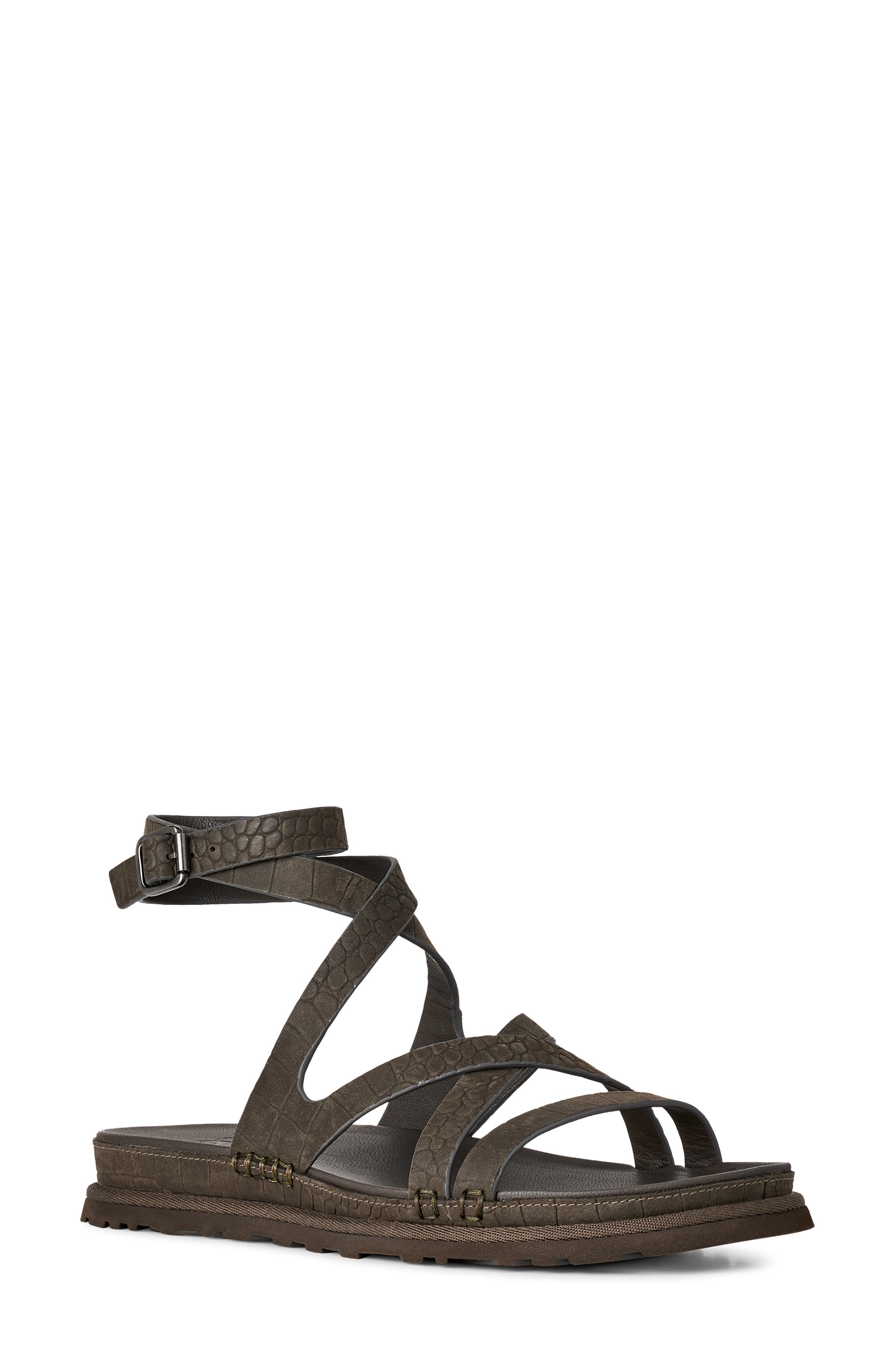 UGG<sup>®</sup> GoldenGaze Embossed Ankle Wrap Sandal, Main, color, Dense Smoke