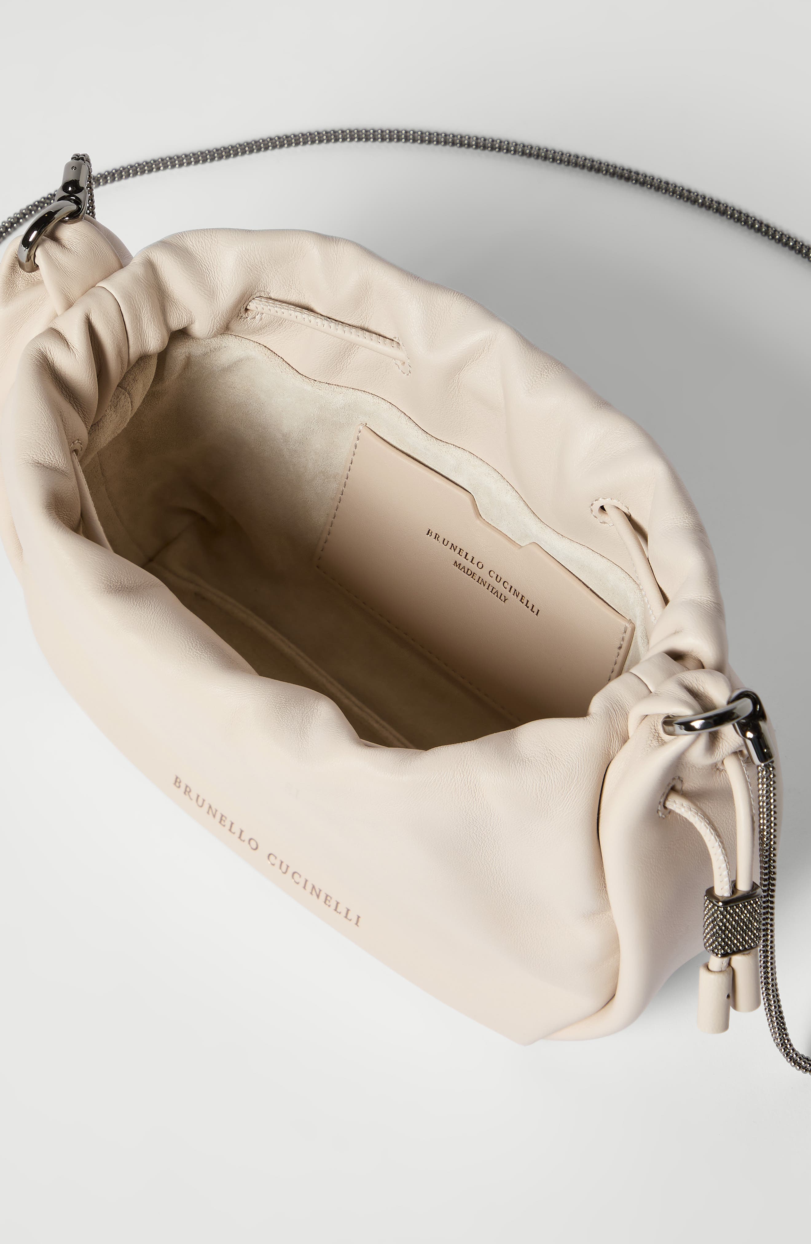 Mellow mini bucket bag in soft leather with precious chain, Alternate, color, Ivory
