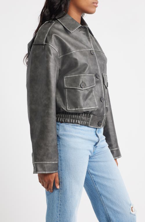 Topshop Faux Leather Cropped Button Thru Patch Pocket Bomber Jacket In Black