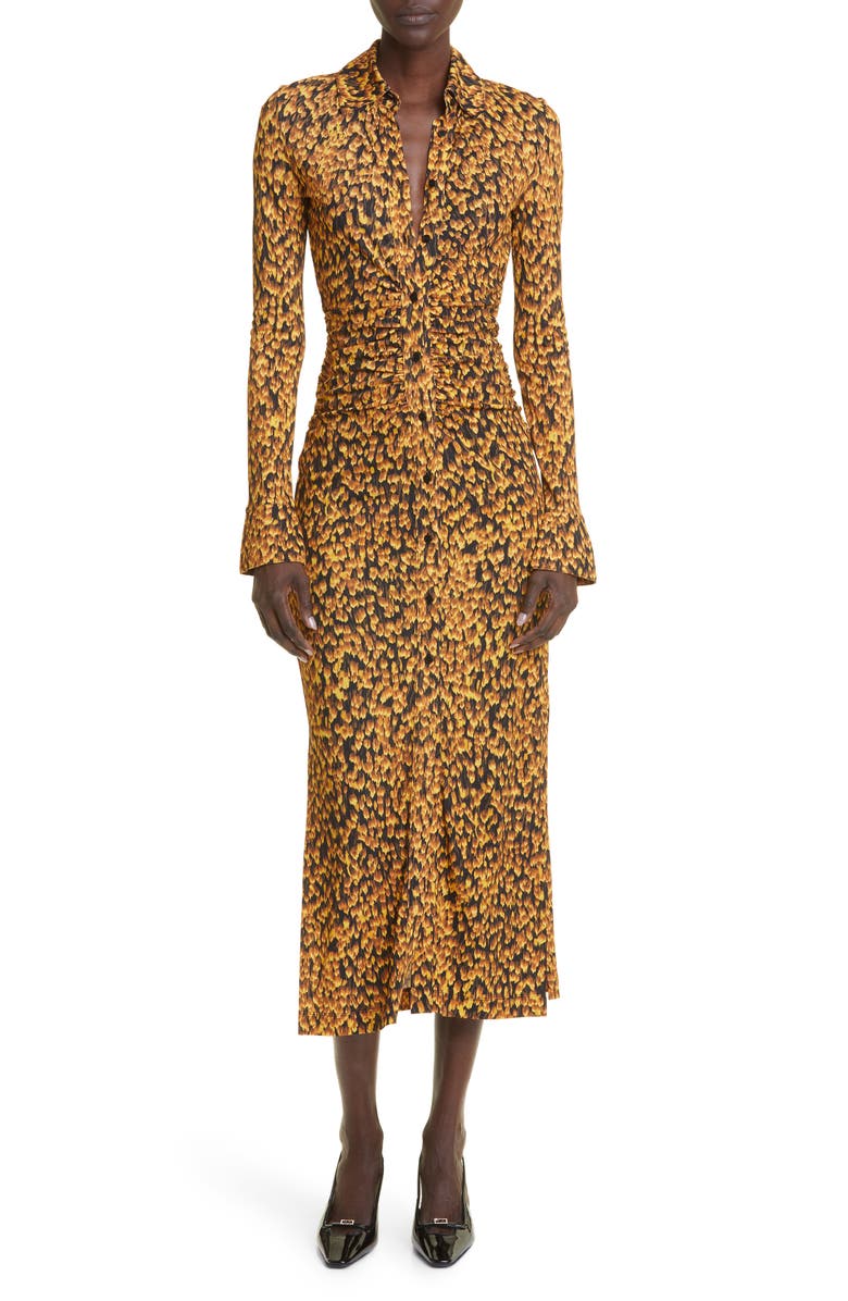 Altuzarra Claudia Feather Print Ruched Long Sleeve Shirtdress, Main, color,