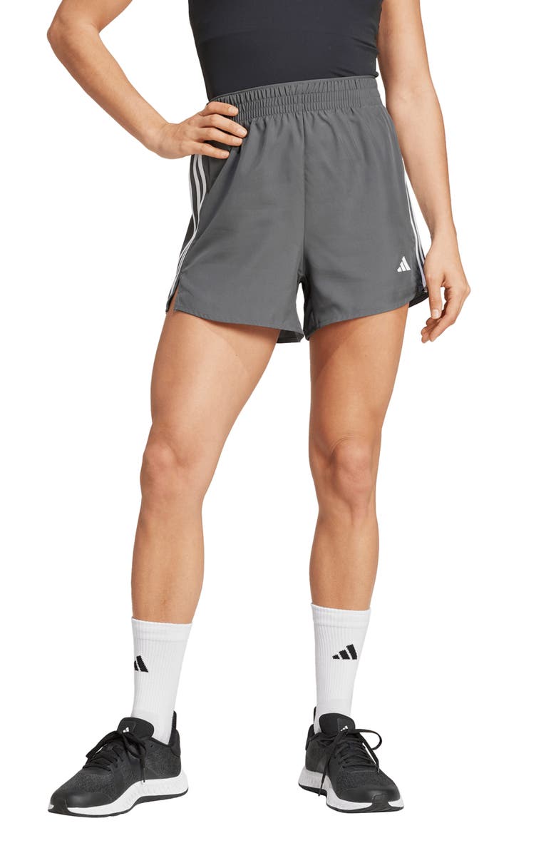 adidas High Waist 3-Stripe Shorts, Main, color, Grey/ White