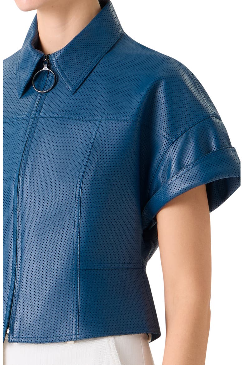 Short Sleeve Perforated Lambskin Leather Crop Jacket, Alternate, color, DARK BLUE