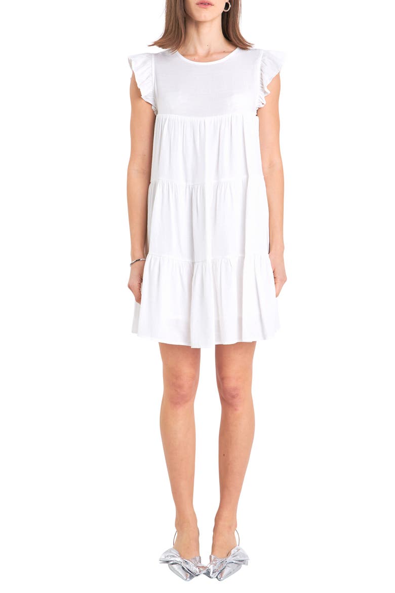 Tiered Ruffle Cotton Blend Dress, Main, color, WHITE