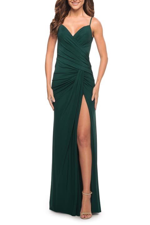 Net Jersey Long Ruched Gown with Slit and Open Back