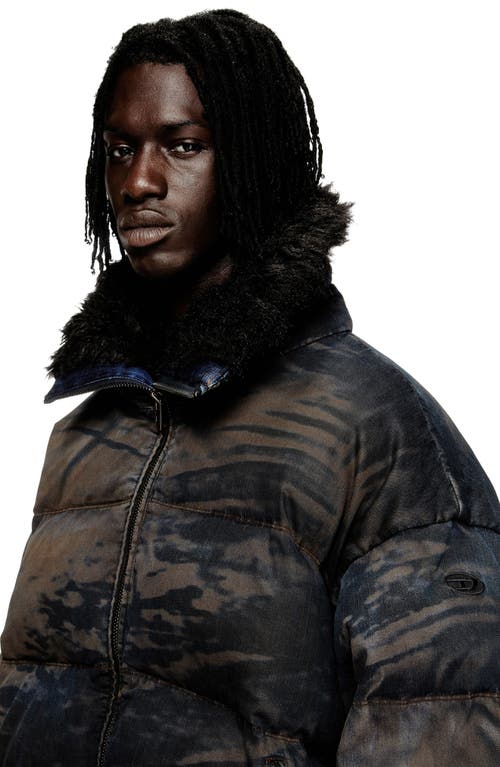 Diesel Puffer Jacket In Dirt-effect Camo Denim In Black