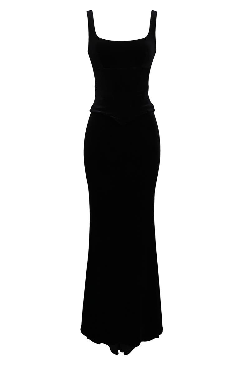 Yasmina Stretch Velvet Corset Gown, Alternate, color, BLACK